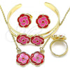 Oro Laminado Necklace, Bracelet, Earring and Ring, Gold Filled Style Flower Design, Red Enamel Finish, Golden Finish, 06.361.0037