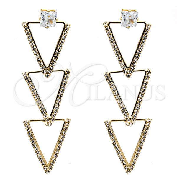 Oro Laminado Long Earring, Gold Filled Style with White Cubic Zirconia and White Crystal, Polished, Golden Finish, 02.268.0006