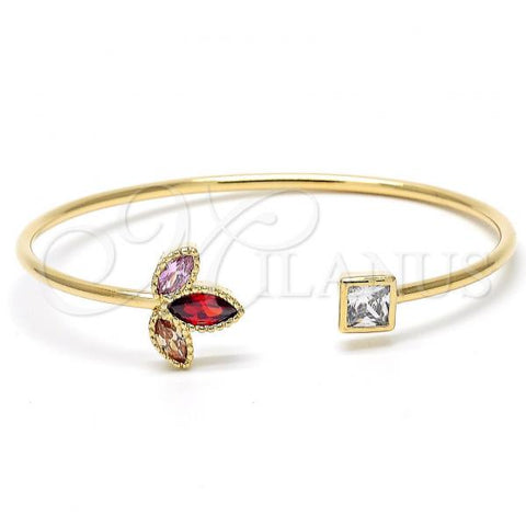 Oro Laminado Individual Bangle, Gold Filled Style Flower Design, with Multicolor Cubic Zirconia, Polished, Golden Finish, 07.97.0053 (03 MM Thickness, One size fits all)