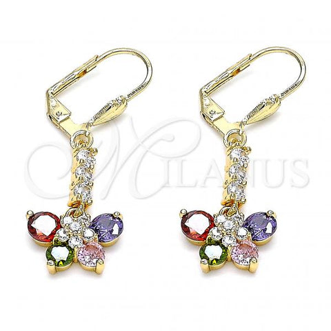 Oro Laminado Long Earring, Gold Filled Style Butterfly and Flower Design, with Multicolor Cubic Zirconia, Polished, Golden Finish, 02.387.0038.1