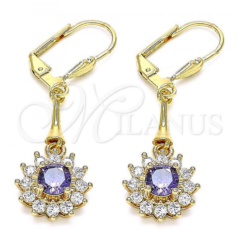 Oro Laminado Long Earring, Gold Filled Style Flower Design, with Amethyst and White Cubic Zirconia, Polished, Golden Finish, 02.387.0055
