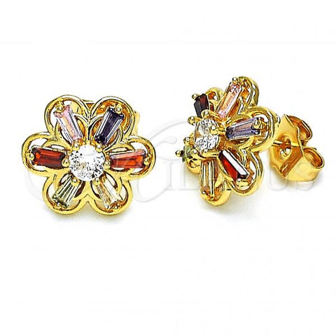Oro Laminado Stud Earring, Gold Filled Style Flower Design, with Multicolor Cubic Zirconia, Polished, Golden Finish, 02.387.0101