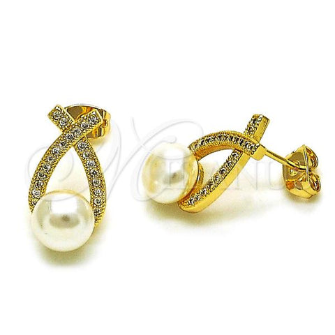 Oro Laminado Stud Earring, Gold Filled Style with Ivory Pearl and White Micro Pave, Polished, Golden Finish, 02.342.0241
