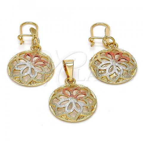 Oro Laminado Earring and Pendant Adult Set, Gold Filled Style Flower Design, Polished, Tricolor, 10.170.0011