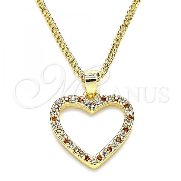 Oro Laminado Pendant Necklace, Gold Filled Style Heart Design, with Garnet and White Micro Pave, Polished, Golden Finish, 04.94.0039.1.20