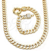 Oro Laminado Necklace and Bracelet, Gold Filled Style Concave Cuban and Greek Key Design, Polished, Golden Finish, 06.179.0004