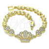 Oro Laminado Fancy Bracelet, Gold Filled Style Crown and Heart Design, with White Micro Pave, Polished, Golden Finish, 03.283.0052.07