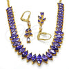 Oro Laminado Necklace and Earring, Gold Filled Style with Amethyst Cubic Zirconia, Polished, Golden Finish, 06.221.0014