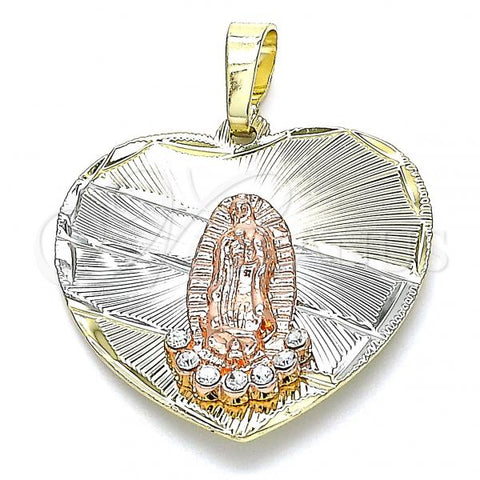 Oro Laminado Religious Pendant, Gold Filled Style Guadalupe and Heart Design, with White Crystal, Diamond Cutting Finish, Tricolor, 05.380.0003
