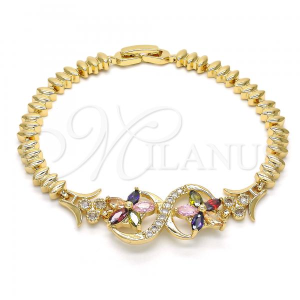 Oro Laminado Fancy Bracelet, Gold Filled Style Flower Design, with Multicolor Cubic Zirconia, Polished, Golden Finish, 03.210.0085.1.08