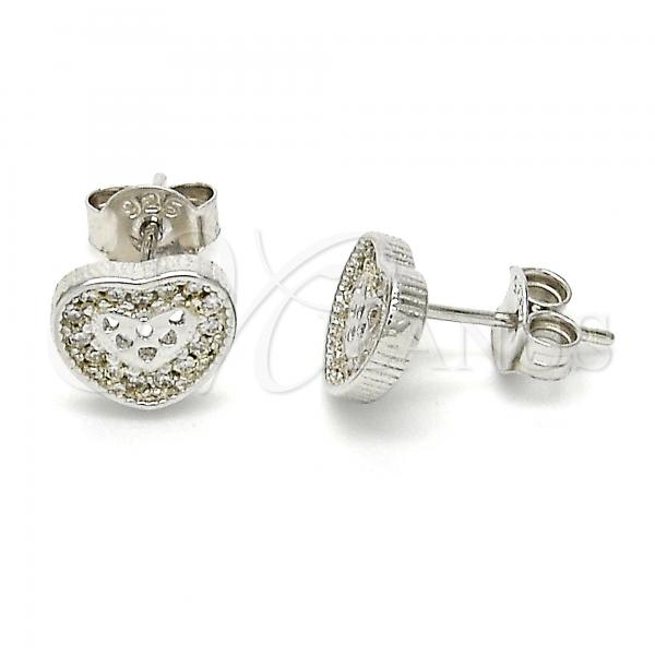 Sterling Silver Stud Earring, Heart Design, with White Cubic Zirconia, Polished, Rhodium Finish, 02.186.0028