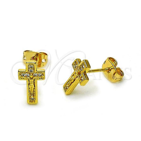 Oro Laminado Stud Earring, Gold Filled Style Crucifix Design, with White Micro Pave, Polished, Golden Finish, 02.342.0315
