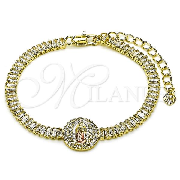 Oro Laminado Fancy Bracelet, Gold Filled Style Guadalupe and Baguette Design, with White Cubic Zirconia and White Micro Pave, Polished, Tricolor, 03.411.0030.1.07