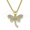 Oro Laminado Pendant Necklace, Gold Filled Style Dragon-Fly Design, with White Micro Pave, Polished, Golden Finish, 04.156.0297.20