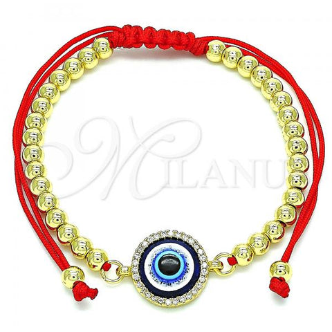 Oro Laminado Adjustable Bolo Bracelet, Gold Filled Style Ball and Evil Eye Design, with White Micro Pave, Polished, Golden Finish, 03.341.0093.11