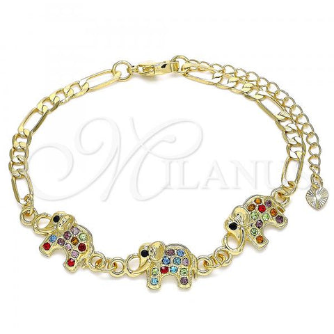 Oro Laminado Fancy Bracelet, Gold Filled Style Elephant Design, with Multicolor Crystal, Polished, Golden Finish, 03.380.0034.08