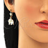 Oro Laminado Dangle Earring, Gold Filled Style Elephant Design, with White Crystal, White Enamel Finish, Golden Finish, 02.351.0058