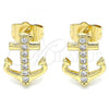 Oro Laminado Stud Earring, Gold Filled Style Anchor Design, with White Micro Pave, Polished, Golden Finish, 02.210.0424