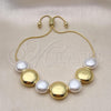 Oro Laminado Adjustable Bolo Bracelet, Gold Filled Style Ball and Rat Tail Design, with Ivory Pearl, Polished, Golden Finish, 03.341.0226.11