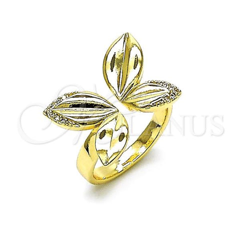 Oro Laminado Multi Stone Ring, Gold Filled Style Leaf and Butterfly Design, with White Micro Pave, Polished, Golden Finish, 01.428.0004