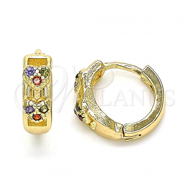 Oro Laminado Huggie Hoop, Gold Filled Style Heart Design, with Multicolor Micro Pave, Polished, Golden Finish, 02.284.0035.12
