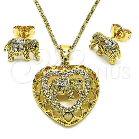 Oro Laminado Earring and Pendant Adult Set, Gold Filled Style Heart and Elephant Design, with White and Black Micro Pave, Polished, Golden Finish, 10.210.0180