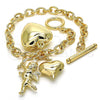 Oro Laminado Charm Bracelet, Gold Filled Style Heart and Love Design, Polished, Golden Finish, 5.004.011.08
