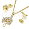 Oro Laminado Earring and Pendant Adult Set, Gold Filled Style Tree Design, with White Micro Pave, Polished, Golden Finish, 10.156.0257