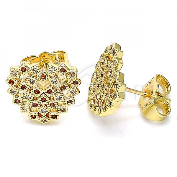 Oro Laminado Stud Earring, Gold Filled Style Heart Design, with Garnet and White Micro Pave, Polished, Golden Finish, 02.156.0510.1