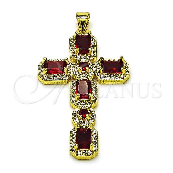 Oro Laminado Fancy Pendant, Gold Filled Style Cross Design, with Garnet Cubic Zirconia and White Micro Pave, Polished, Golden Finish, 05.341.0101.1