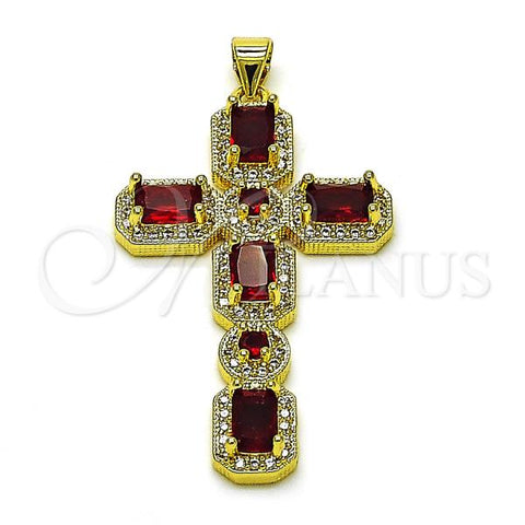 Oro Laminado Fancy Pendant, Gold Filled Style Cross Design, with Garnet Cubic Zirconia and White Micro Pave, Polished, Golden Finish, 05.341.0101.1