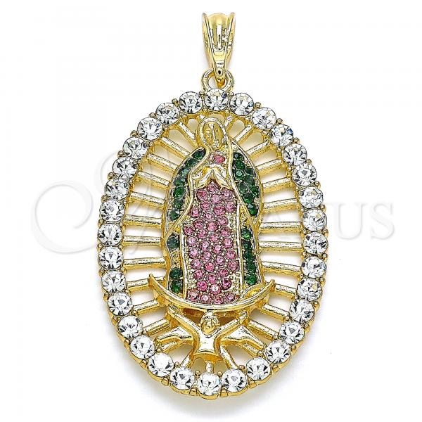 Oro Laminado Religious Pendant, Gold Filled Style Guadalupe Design, with Multicolor Crystal, Polished, Golden Finish, 05.380.0032.1