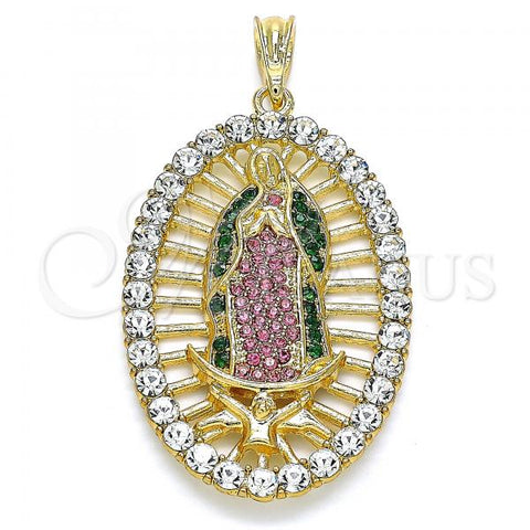 Oro Laminado Religious Pendant, Gold Filled Style Guadalupe Design, with Multicolor Crystal, Polished, Golden Finish, 05.380.0032.1