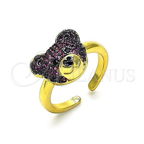 Oro Laminado Multi Stone Ring, Gold Filled Style Teddy Bear and Solitaire Design, with Ruby and Black Micro Pave, Polished, Two Tone, 01.341.0102.2