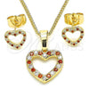 Oro Laminado Earring and Pendant Adult Set, Gold Filled Style Heart Design, with Garnet and White Micro Pave, Polished, Golden Finish, 10.233.0043.1