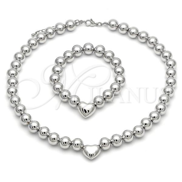 Rhodium Plated Necklace and Bracelet, Ball and Heart Design, Polished, Rhodium Finish, 06.341.0010