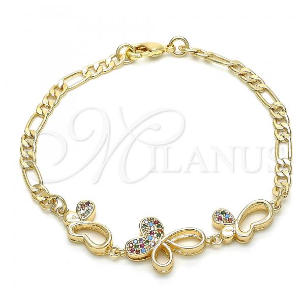 Oro Laminado Fancy Bracelet, Gold Filled Style Butterfly Design, with Multicolor Cubic Zirconia, Polished, Golden Finish, 03.233.0039.08