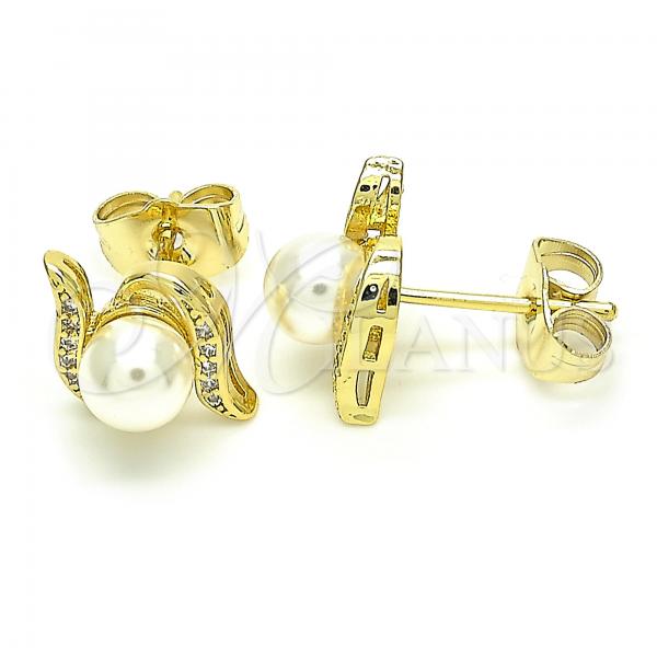 Oro Laminado Stud Earring, Gold Filled Style Ball Design, with White Cubic Zirconia and Ivory Pearl, Polished, Golden Finish, 02.156.0353