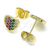 Oro Laminado Stud Earring, Gold Filled Style Heart Design, with Multicolor Micro Pave, Polished, Golden Finish, 02.210.0409.1