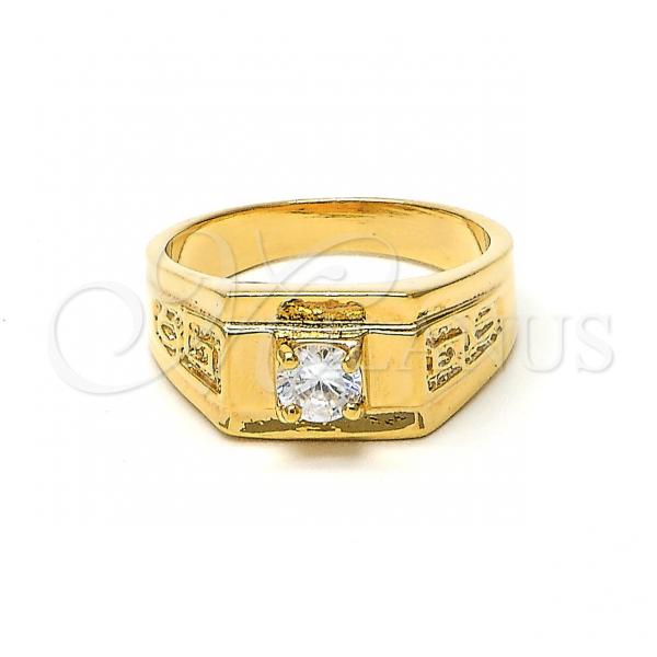Oro Laminado Mens Ring, Gold Filled Style Solitaire and Greek Key Design, with White Cubic Zirconia, Diamond Cutting Finish, Golden Finish, 5.175.026.08 (Size 8)