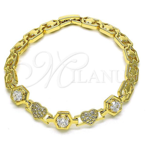 Oro Laminado Fancy Bracelet, Gold Filled Style Heart and Flower Design, with White Cubic Zirconia and White Micro Pave, Polished, Golden Finish, 03.283.0336.07