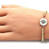 Oro Laminado Adjustable Bolo Bracelet, Gold Filled Style Evil Eye and Ball Design, with Sapphire Blue and White Micro Pave, White Enamel Finish, Golden Finish, 03.368.0047.10