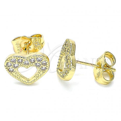 Oro Laminado Stud Earring, Gold Filled Style Heart Design, with White Micro Pave, Polished, Golden Finish, 02.156.0513