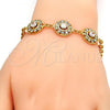 Gold Tone Fancy Bracelet, Flower and Rattle Charm Design, with White Crystal and White Cubic Zirconia, Diamond Cutting Finish, Golden Finish, 03.270.0006.08.GT
