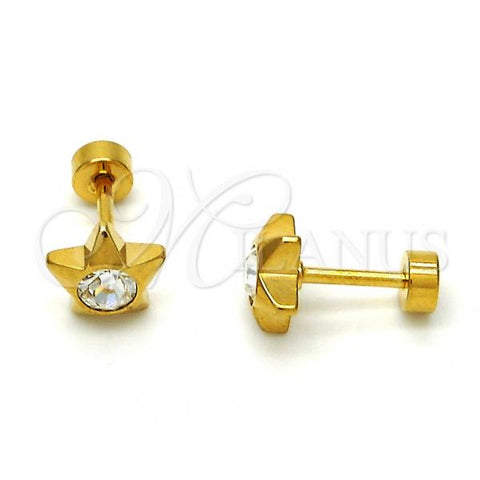 Stainless Steel Stud Earring, Star Design, with White Crystal, Polished, Golden Finish, 02.271.0016