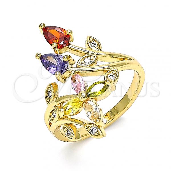 Oro Laminado Multi Stone Ring, Gold Filled Style Flower and Leaf Design, with Multicolor Cubic Zirconia, Polished, Golden Finish, 01.283.0025.07