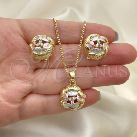 Oro Laminado Earring and Pendant Adult Set, Gold Filled Style with White Crystal, Polished, Tricolor, 10.361.0015