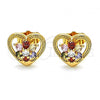 Oro Laminado Stud Earring, Gold Filled Style Heart and Flower Design, with Multicolor Cubic Zirconia, Polished, Golden Finish, 02.387.0080.1