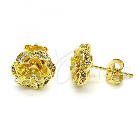 Oro Laminado Stud Earring, Gold Filled Style Flower Design, with White Micro Pave, Polished, Golden Finish, 02.195.0030