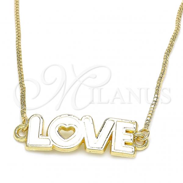 Oro Laminado Pendant Necklace, Gold Filled Style Nameplate and Love Design, White Enamel Finish, Golden Finish, 04.63.1383.20